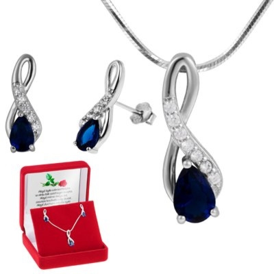 Komplet 925 szafirowa łezka z cyrkoniami, łańcuszek i dedykacja