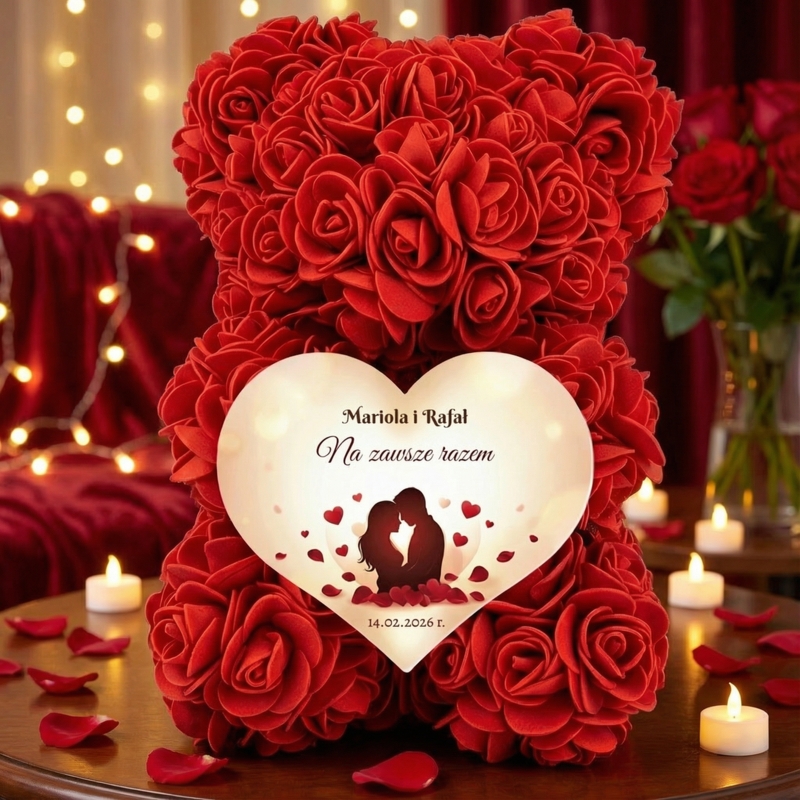 Miś z czerwonych róż 25 cm z personalizowanym sercem w pudełku prezentowym/ Walentynki
