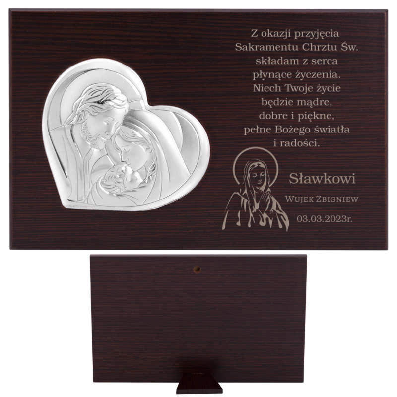 Obrazek na Chrzest Święta Rodzina posrebrzany z grawerem