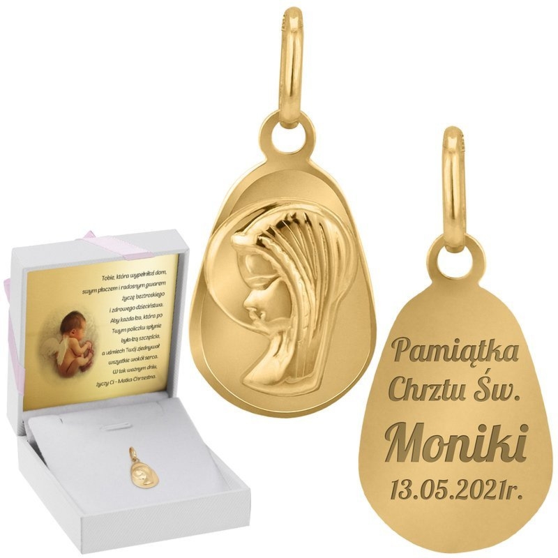 Złoty medalik z Matką Boską pr. 585 na Chrzest Dedykacja