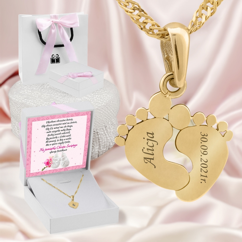 Złote stópki ze złota 585 z grawerem i dedykacją dla mamy