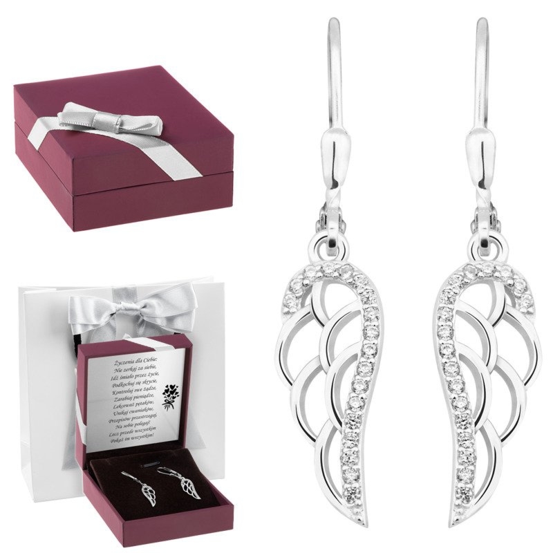 Na Komunię kolczyki skrzydło srebro 925 z cyrkoniami i dedykacją