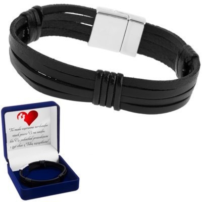 Bransoletka ze stali 316L i rzemyków z dedykacją w pudełku