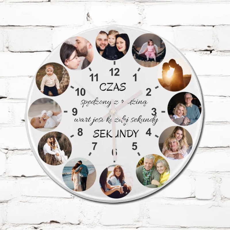 Szklany zegar ścienny z Twoimi 12 zdjęciami na Dzień Matki i Babci