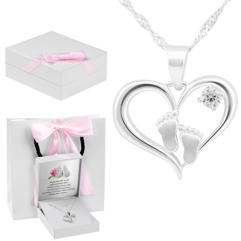 Naszyjnik Stópki w Sercu srebro 925 dla mamy z dedykacją