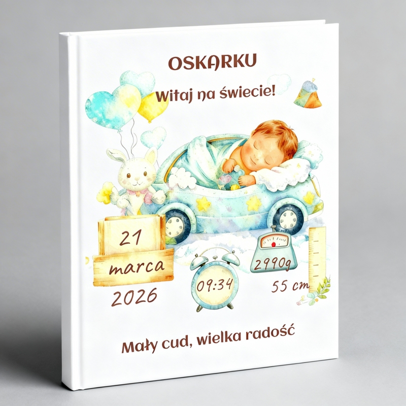 Personalizowana pamiątka narodzin dla chłopca z metryczką – wyjątkowa księga baśni z imieniem, datą, godziną, wagą i wzrostem