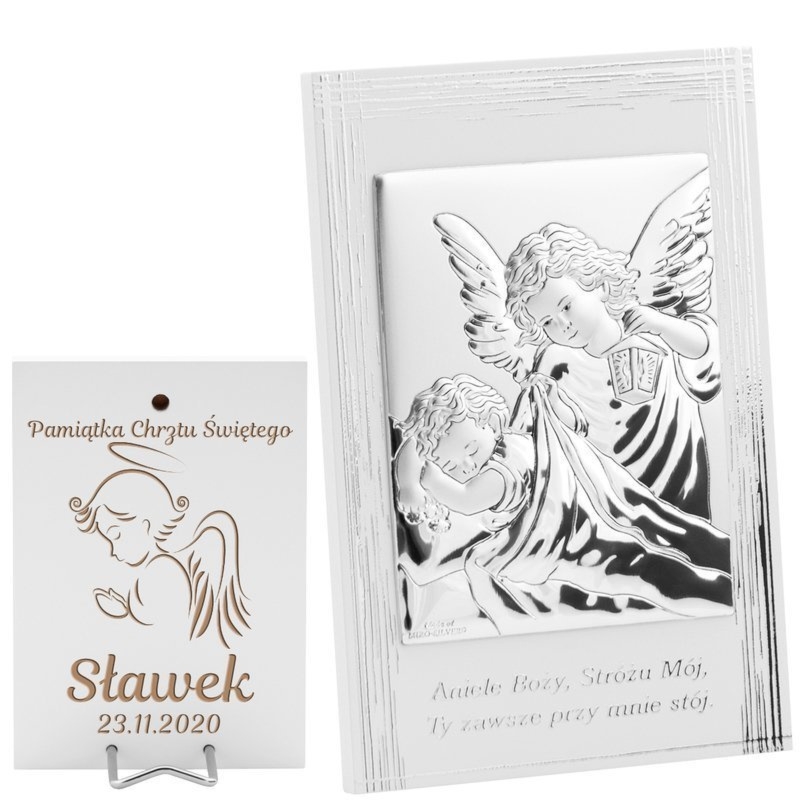Chrzest – srebrny obrazek Anioł Stróż z grawerem BELTRAMI