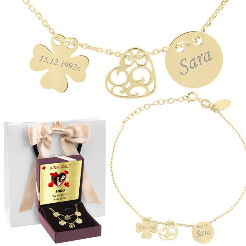 Zestaw pr.925 naszyjnik i bransoletka koniczynka z grawerem