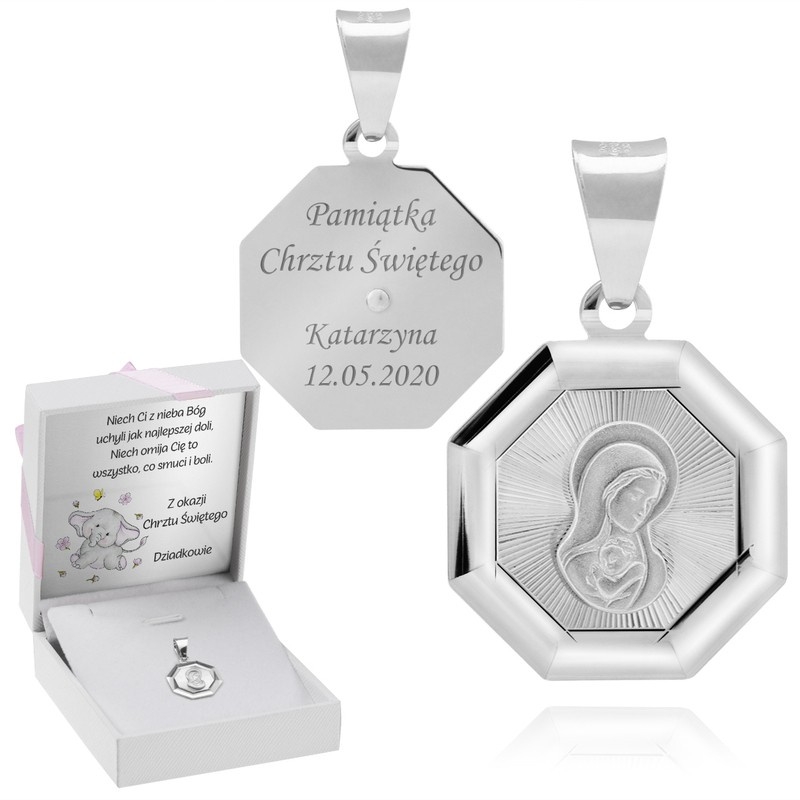 Image of Srebrny medalik z Matką Boską / srebro 925 / Grawer i Dedykacja / różowa kokardka