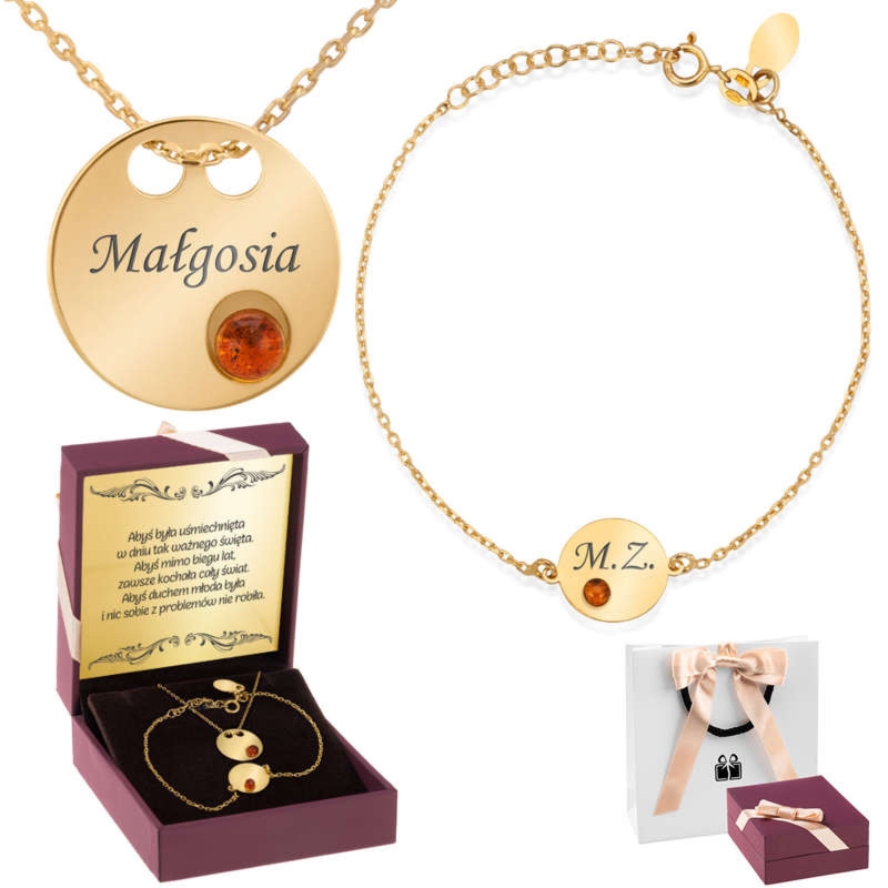 Zestaw pozłacany 925: celebrytka i bransoletka z bursztynem i grawerem
