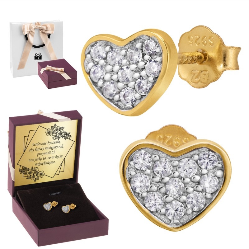 Na rocznicę pozłacane kolczyki serca srebro 925 z dedykacją
