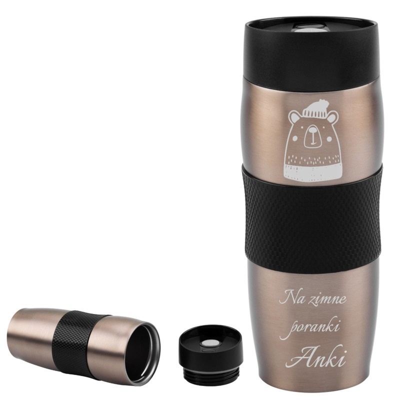 Brązowy metaliczny stalowy kubek termiczny z grawerem laserowym