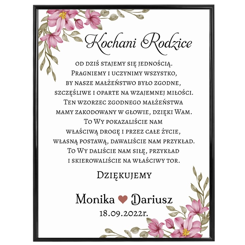 Image of Plakat w ramce / Podziękowania dla rodziców / Różowe kwiaty / Czarna ramka 30x40 / Plexi / Podziękowanie na ślub