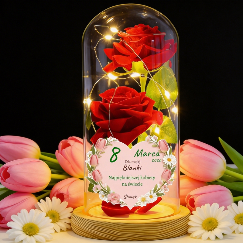 Podwójna róża w szklanej kopule z ciepłym LED na drewnianej podstawie i personalizowaną dedykacją – prezent na Dzień Kobiet