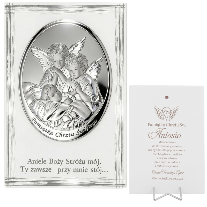 Obrazek posrebrzany PVD na Chrzest Święty Pamiątka z grawerem