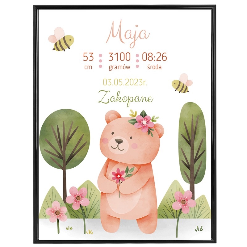 Image of Plakat na Narodziny Dziecka / Metryczka / Prezent na Baby Shower / Personalizacja / Miś / Plexi