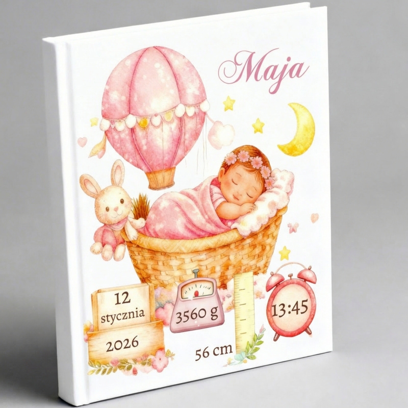 Personalizowana pamiątka narodzin dla dziewczynki z metryczką – wyjątkowa księga baśni z imieniem, datą, godziną, wagą i wzrostem