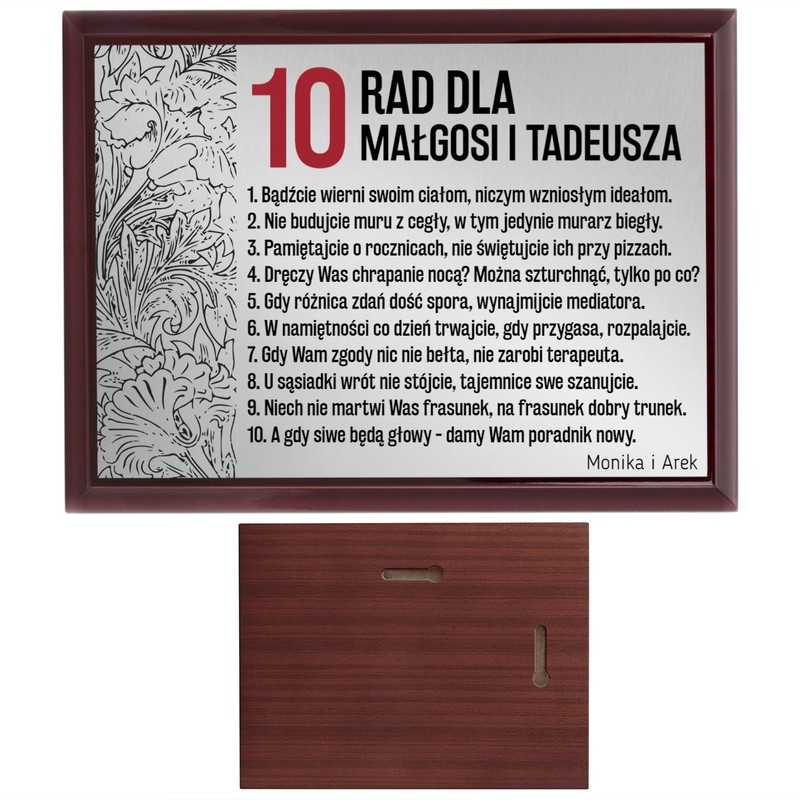 Image of Prezent na ślub / 10 rad / Drewniany panel, srebrna tabliczka, dedykacja