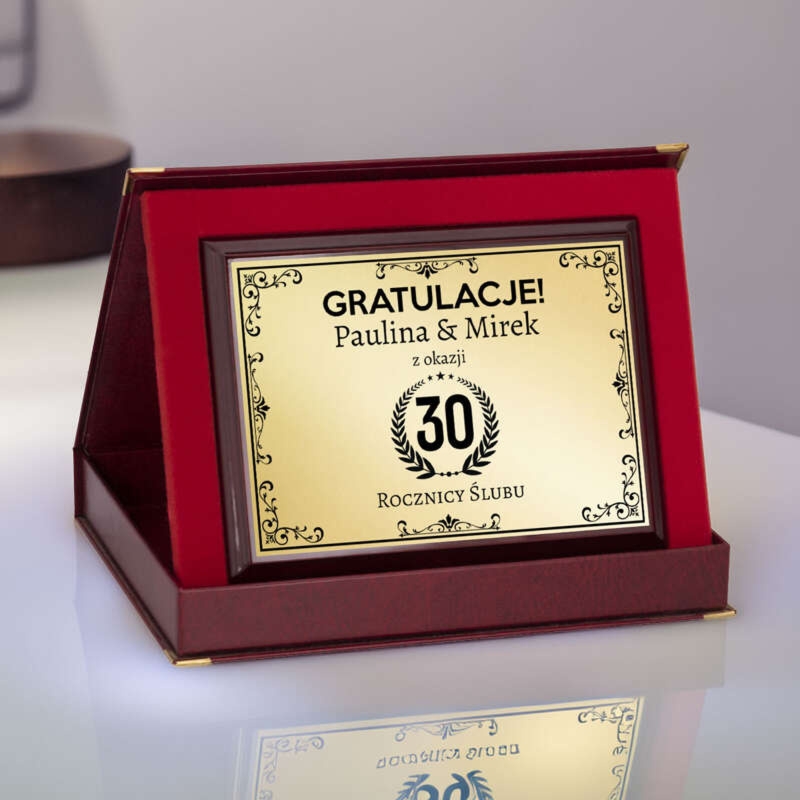 Prezent na rocznicę ślubu / Drewniany panel, złota tabliczka, etui, dedykacja