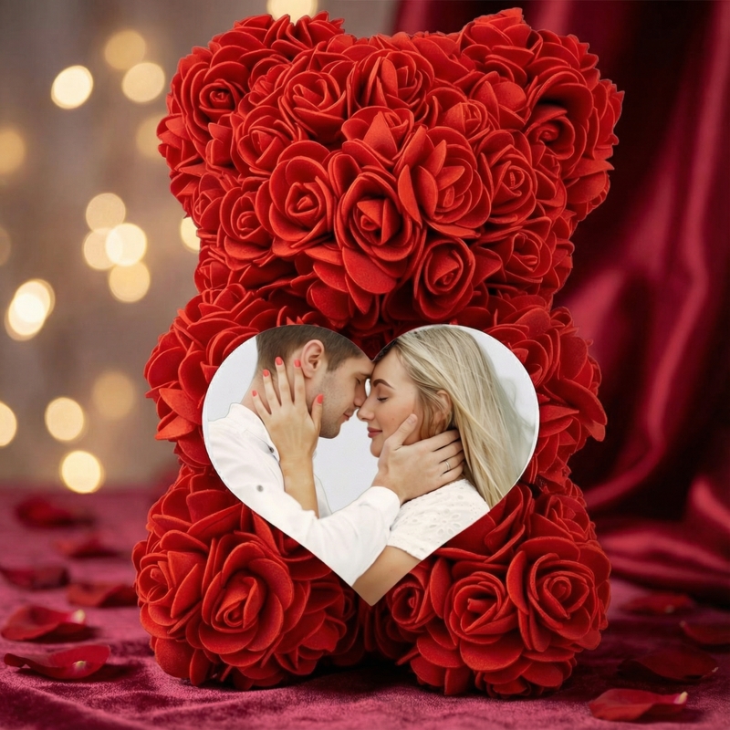 Miś z czerwonych róż 25 cm ze zdjęciem – personalizowany prezent na miłość
