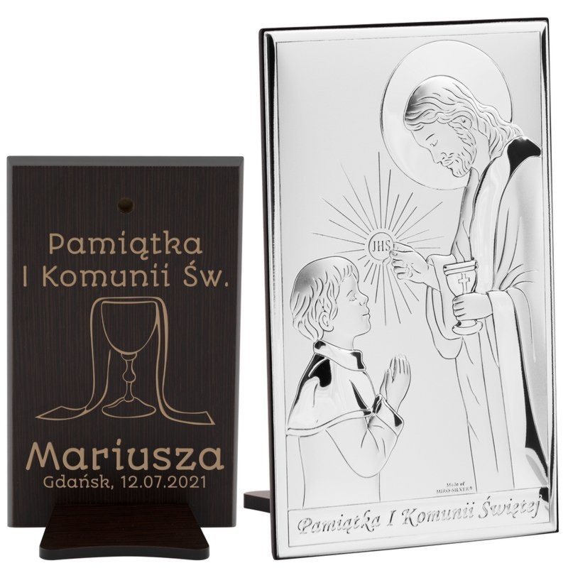 Obrazek Srebrny Chłopiec Jezus Pamiątka na I Komunię Św. Grawer 12x20 cm
