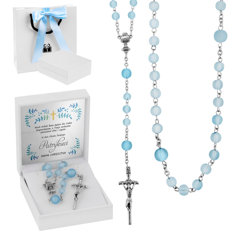 Różaniec komunijny z niebieskimi paciorkami – elegancki prezent na I Komunię Świętą