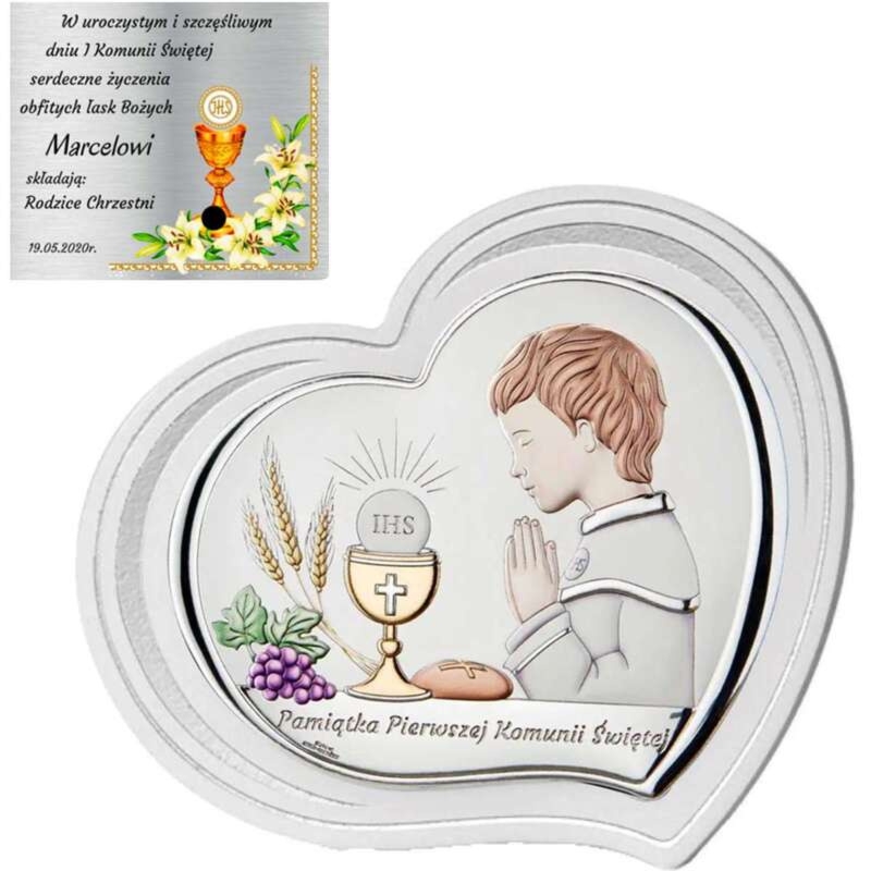 Obrazek komunijny chłopiec Valenti&Co na białym drewnie z dedykacją