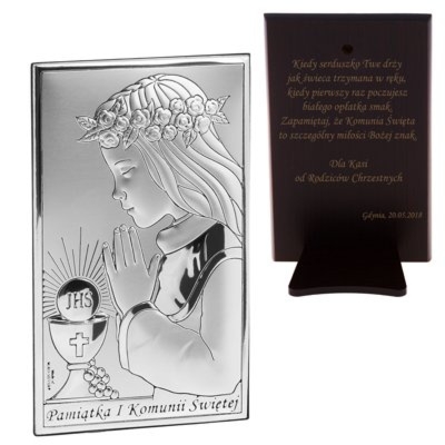 Obrazek na I Komunię Św. dla dziewczynki srebrny z grawerem