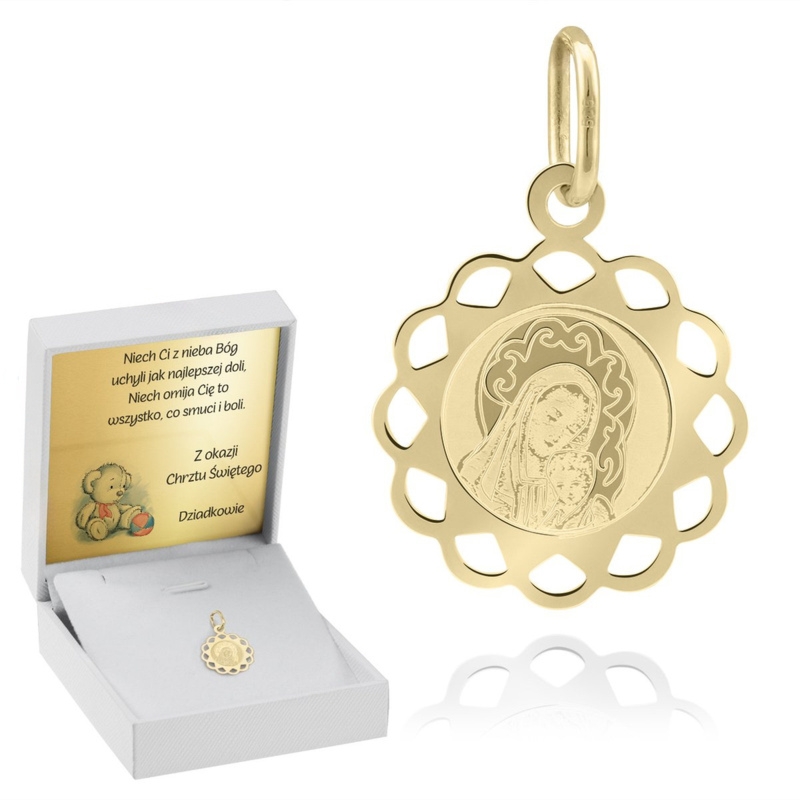 Złoty ażurowy medalik Matka Boska z Dzieciątkiem pr. 585 Dedykacja