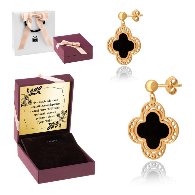Prezent dla Mamy: złote kolczyki koniczynki 585 z dedykacją