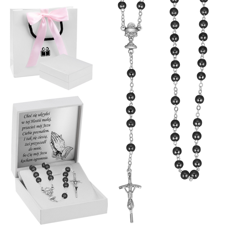 Różaniec komunijny z czarnymi koralikami – szkło z perłową powłoką, pudełko z dedykacją + torebka