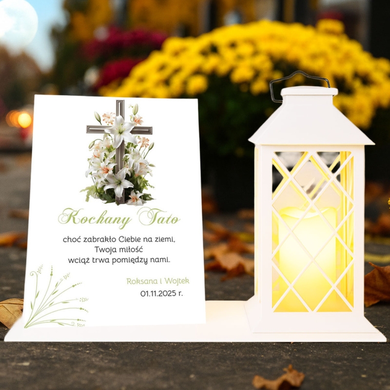 Zestaw nagrobny dla Taty: lampion solarny LED + personalizacja