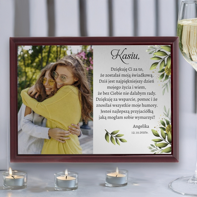 Podziękowania dla świadków / Drewniany panel, srebrna tabliczka, dedykacja