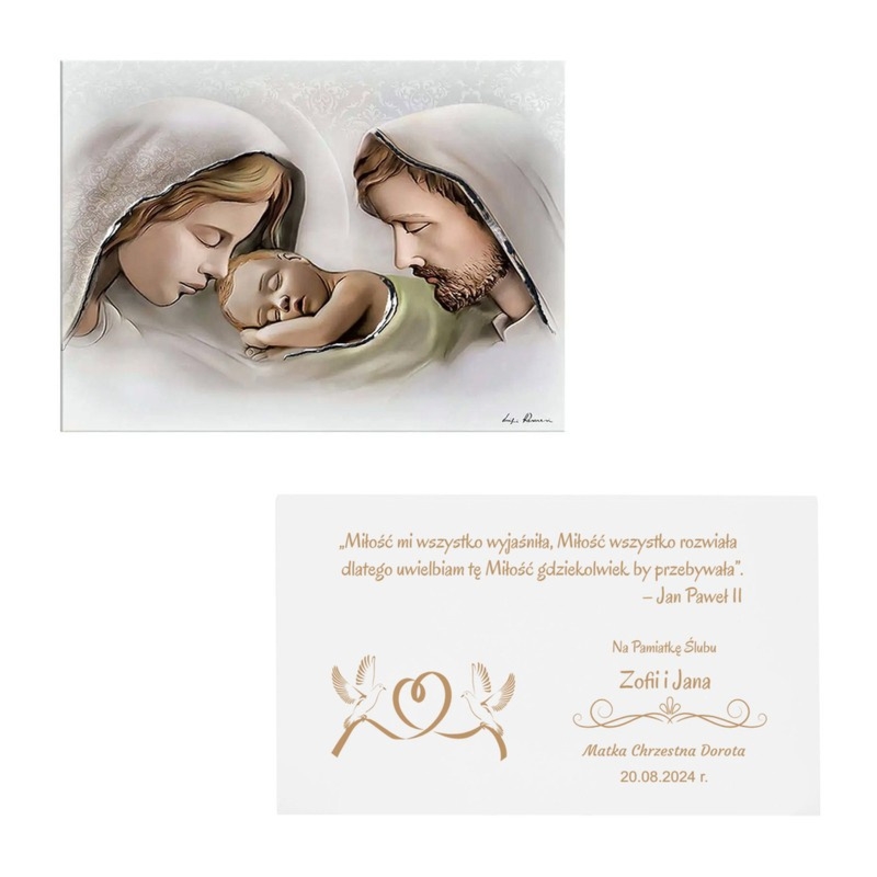 Pamiątka ślubu ręcznie malowany obrazek Święta Rodzina z grawerem