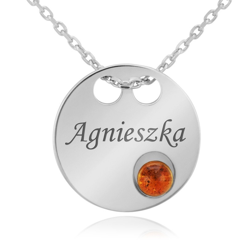 Na Walentynki srebrny naszyjnik celebrytka z bursztynem i grawerem