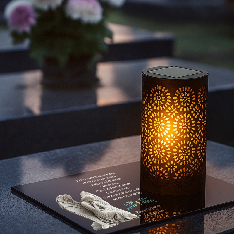 Zestaw nagrobny: znicz solarny LED i podstawka z nadrukiem UV