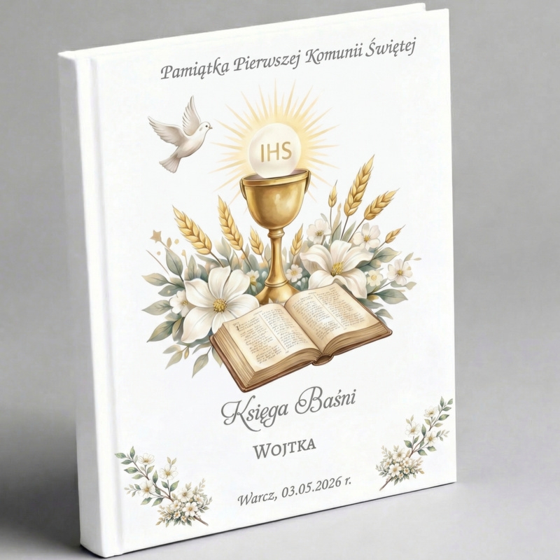 Pamiątka Pierwszej Komunii Świętej – personalizowana Księga Baśni dla chłopca z dedykacją