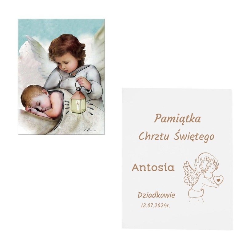 Na chrzest lub roczek: ręcznie malowany aniołek ze srebrną farbą i grawerem