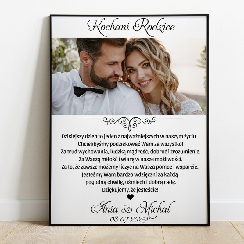 Ślubny plakat podziękowanie dla rodziców ze zdjęciem pary