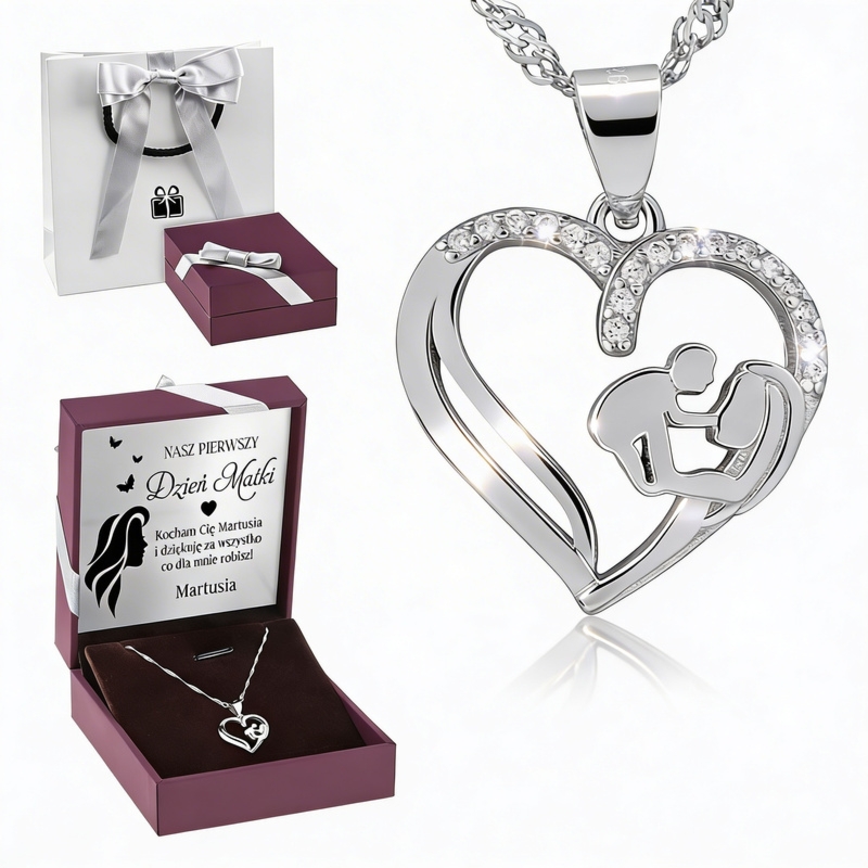 Dzień Matki: wisiorek serce mama i dziecko ze srebra 925 z imieniem