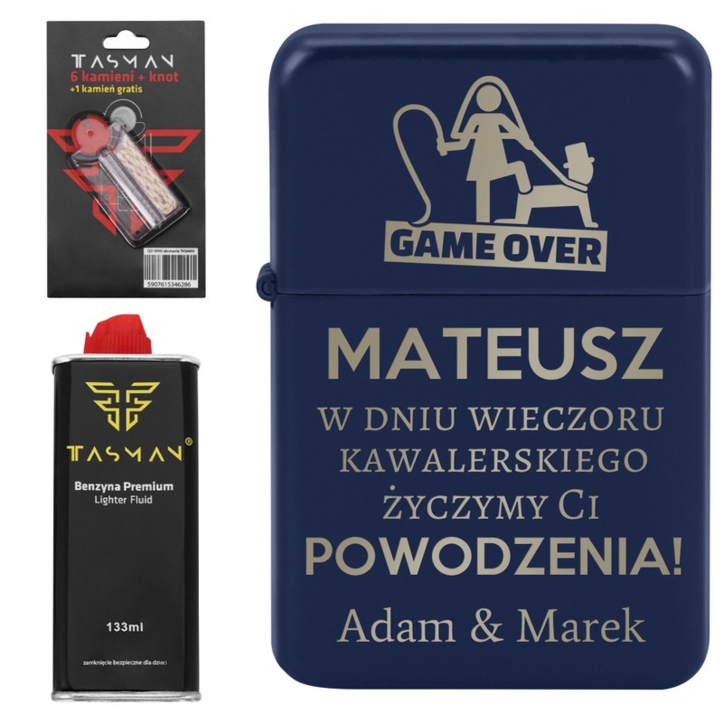 Zapalniczka benzynowa Tasman granatowy-matowy z grawerem i benzyną