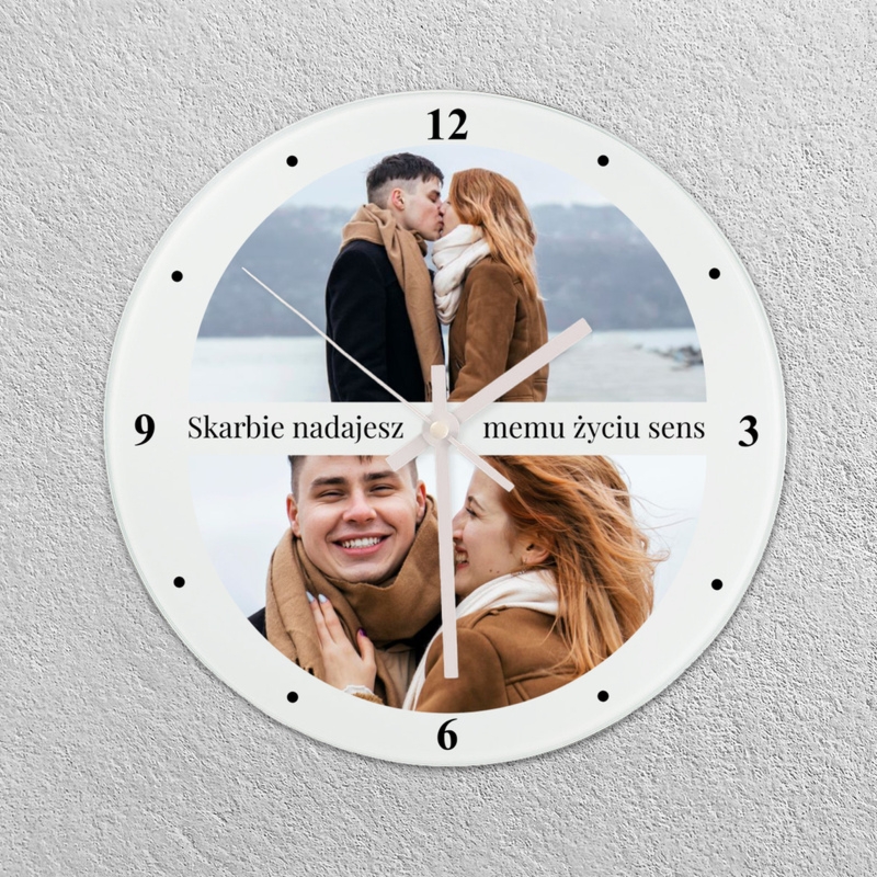 Zegar ścienny z personalizacją dwóch zdjęć i napisem Skarbie