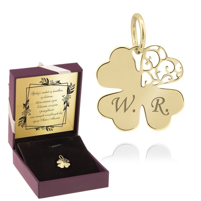 Złoty wisiorek koniczynka 585 ażurowy z grawerem na rewersie