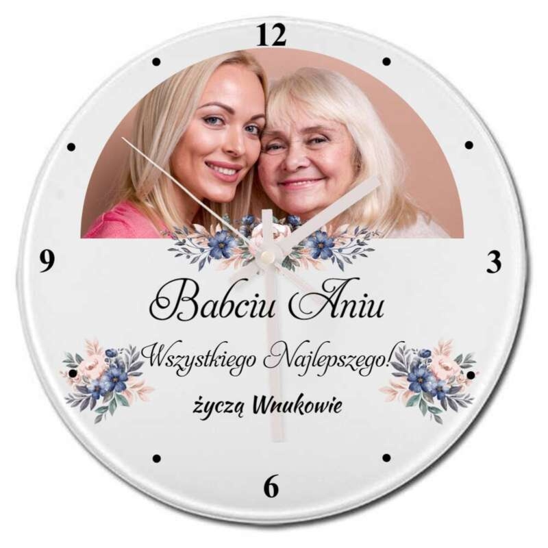 Szklany zegar dla Babci z nadrukiem UV i personalizacją zdjęcia