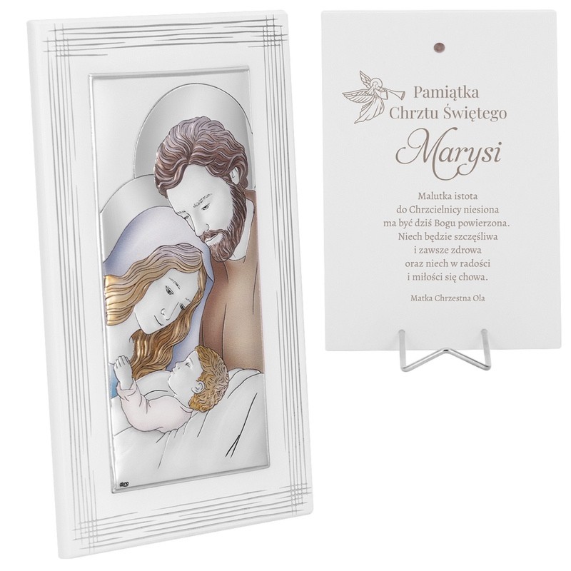 Obrazek Święta Rodzina na białym drewnie, posrebrzany, grawer