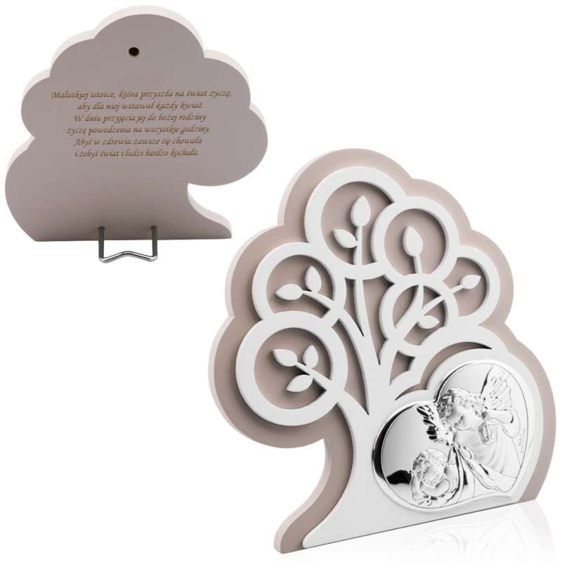 Obrazek na chrzest Drzewo Życia z Aniołem Stróżem z grawerem