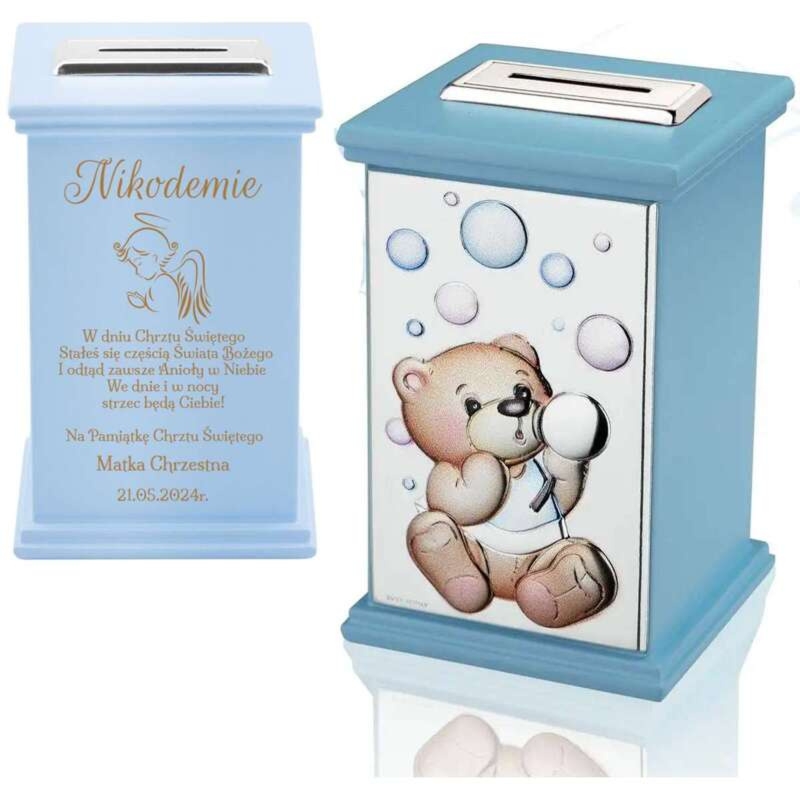 Srebrna Skarbonka z pozytywką niebieska Miś Pamiątka na Chrzest Roczek Grawer