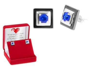 Kolczyki srebrne 925 czarna ceramika, szafirowe oczko, dedykacja