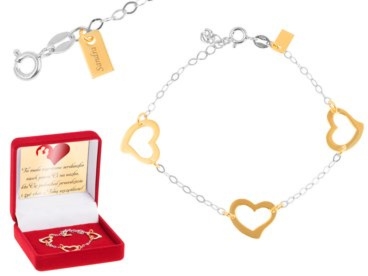 Na rocznicę bransoletka pr.925 z pozłacanymi sercami i grawerem