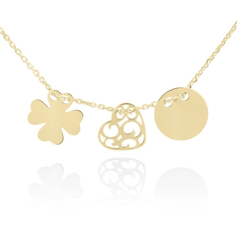 Pozłacany naszyjnik srebro 925: koniczynka, serce i kółko